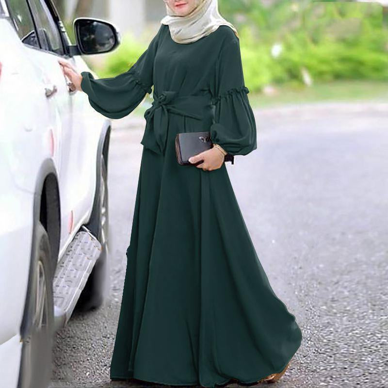 Solid Color Long Sleeve Ruffled Dress