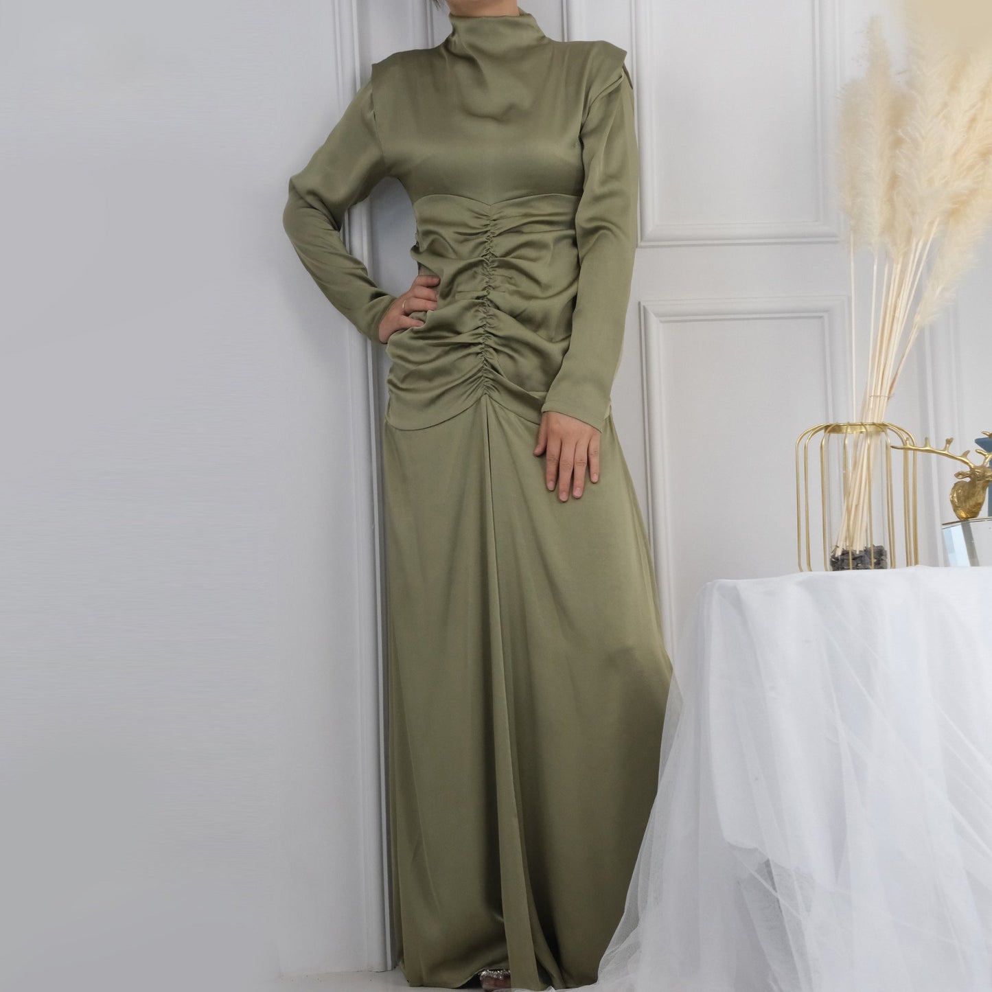 Plain High Neck Pleated Abaya Dress