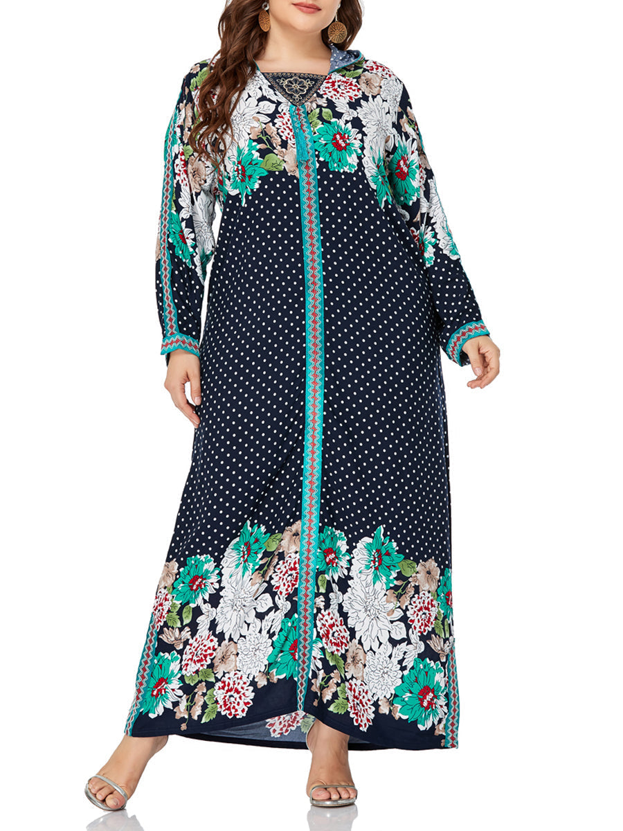 Embroidered And Floral Printed Hooded Long Dress