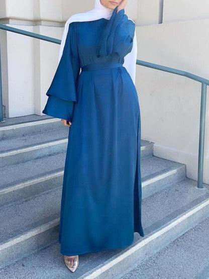 Robe Abaya unie à manches évasées et double épaisseur