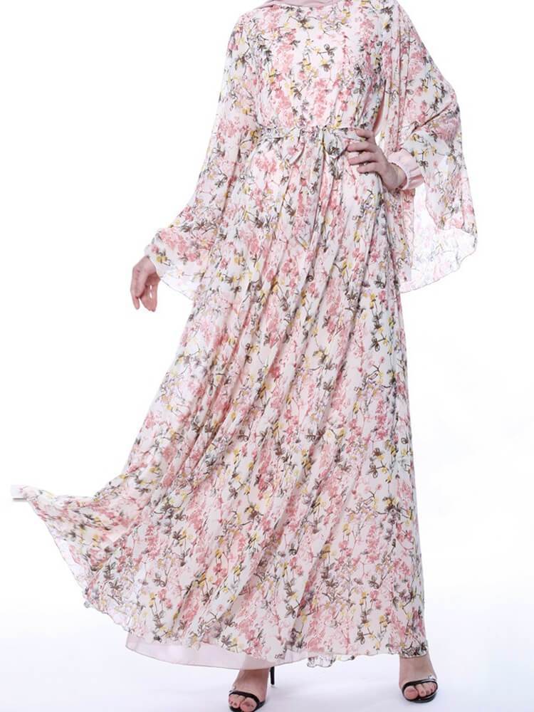 Floral Chiffon Large Flare Sleeve Dress